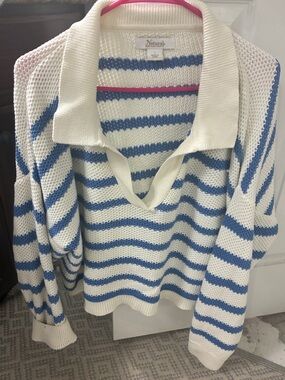 Natural Reflections Cream and Blue Striped Collared V-Neck Sweater
